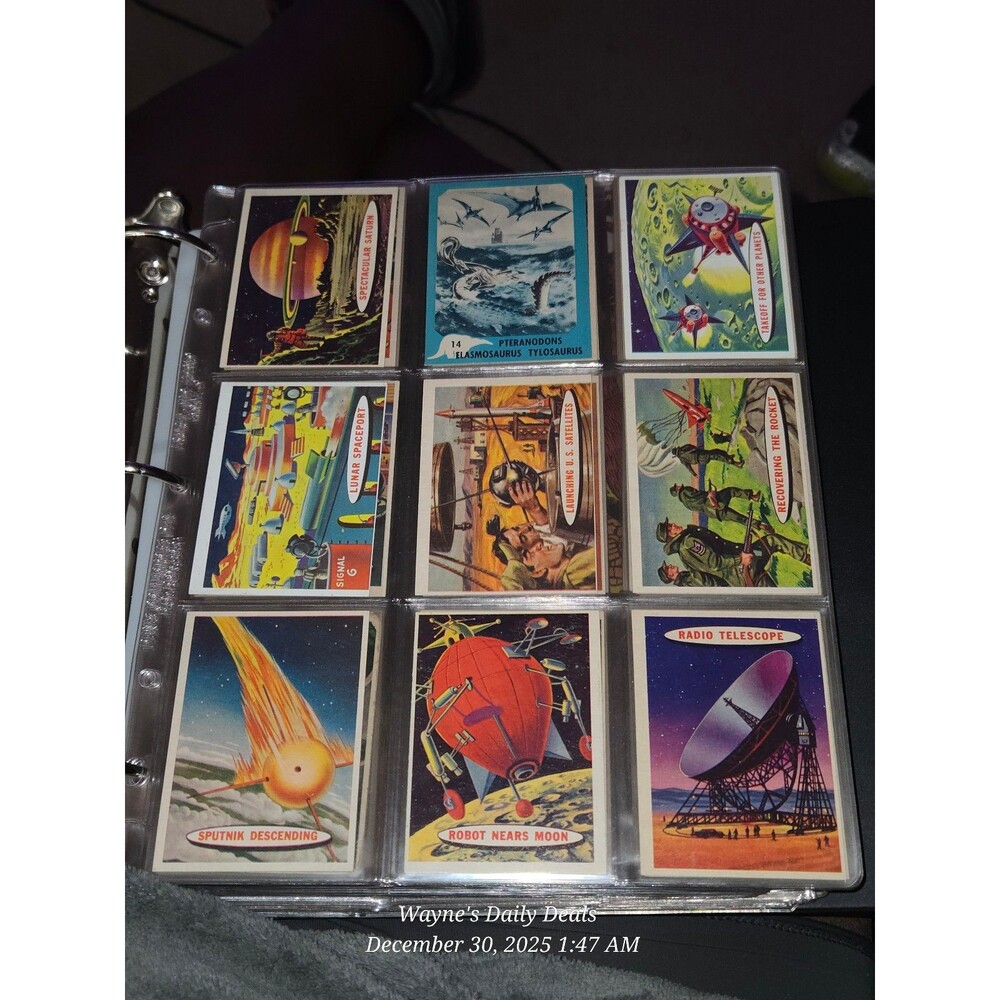 1957 Topps SPACE CARDS Binder Sheet (9 Cards) – Sputnik, Rocket, Moon, Satellite